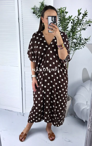 Sukienka Midi Plus Size Groszki Czekoladowa 44-50 Amora