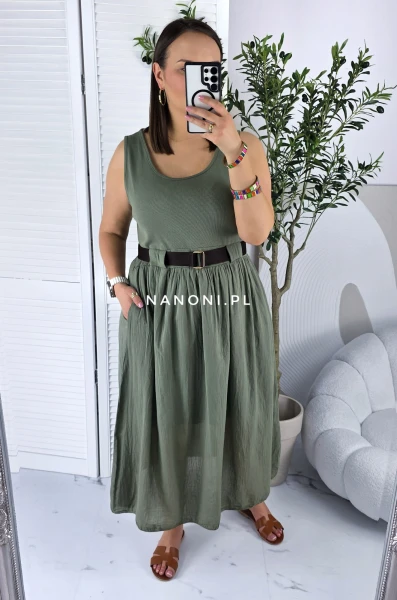 Sukienka Midi Khaki Plus Size  z Paskiem 44-50 Bellina