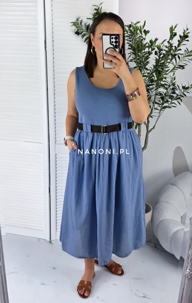 Sukienka Midi  Niebieska Plus Size  z Paskiem 44-50 Bellina 