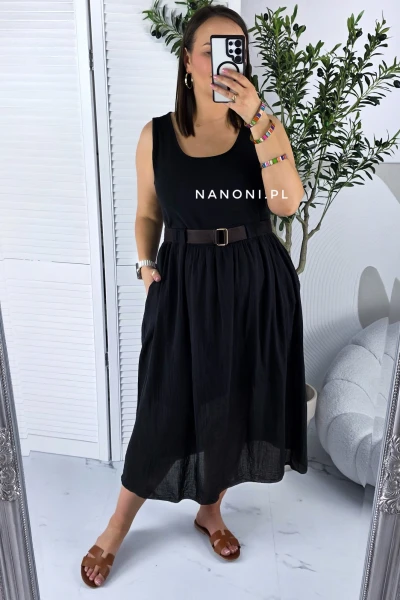 Sukienka Midi Czarna Plus Size  z Paskiem 44-50 Bellina