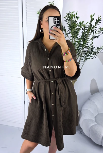 Muślinowa Sukienka Koszulowa Plus Size  42-46 Mia Czekoladowa