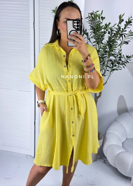 Muślinowa Sukienka Koszulowa Plus Size  42-46 Mia Żółta