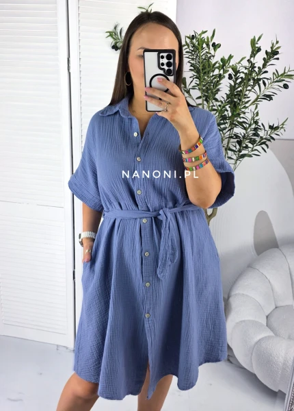 Muślinowa Sukienka Koszulowa Plus Size  42-46 Mia Niebieska