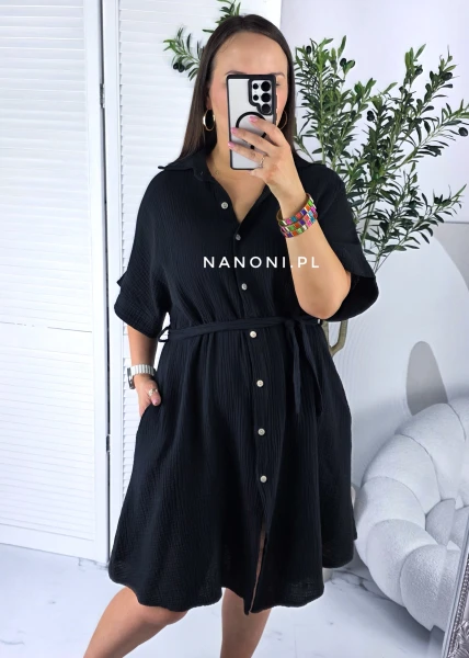 Muślinowa Sukienka Koszulowa Plus Size  42-46 Mia Czarna