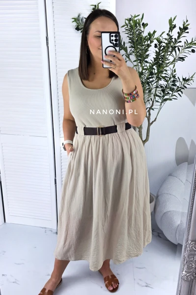 Sukienka Midi Beżowa Plus Size z Paskiem 44-50 Bellina