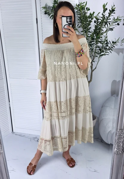 Sukienka Midi Beżowa Plus Size 44-48 Rozalia