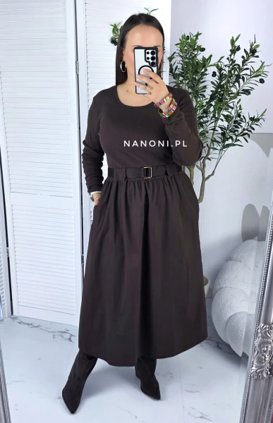 Sukienka Midi Czekoladowa Plus Size z Paskiem 44-50 Bellina II