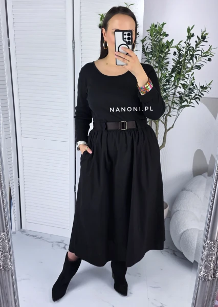Sukienka Midi Czarna Plus Size z Paskiem 44-50 Bellina II