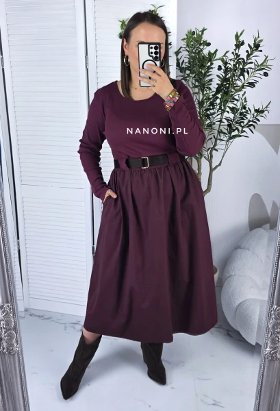 Sukienka Midi Burgundowa Plus Size z Paskiem 44-50 Bellina II