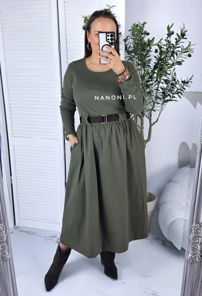 Sukienka Midi Khaki Plus Size z Paskiem 44-50 Bellina II