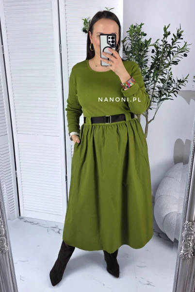 Sukienka Midi Oliwkowa Plus Size z Paskiem 44-50 Bellina II