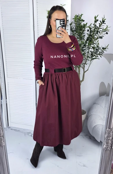 Sukienka Midi Bordowa Plus Size z Paskiem 44-50 Bellina II