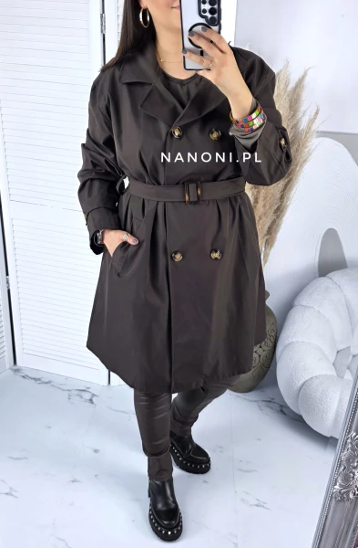Płaszcz Trencz Plus Size z Paskiem Czekoladowy 44-50 Mirella