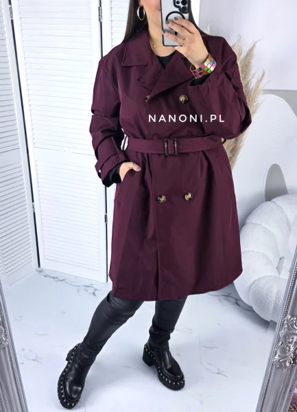 Płaszcz Trencz Plus Size z Paskiem Burgundowy 44-50 Mirella