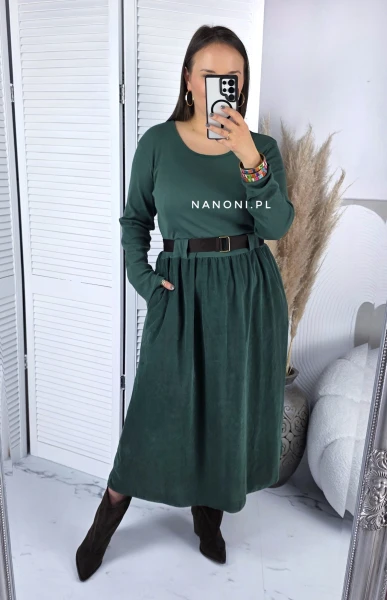Sukienka Midi Ciemnozielona Sztruksowa Plus Size z Paskiem 44-50 Bellina III