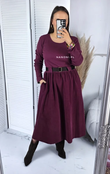 Sukienka Midi Burgundowa Sztruksowa Plus Size z Paskiem 44-50 Bellina III